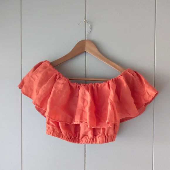 Banana Republic Meridian Linen Off The Shoulder Ruffle Crop Top Coral - Size S - Picture 4 of 7